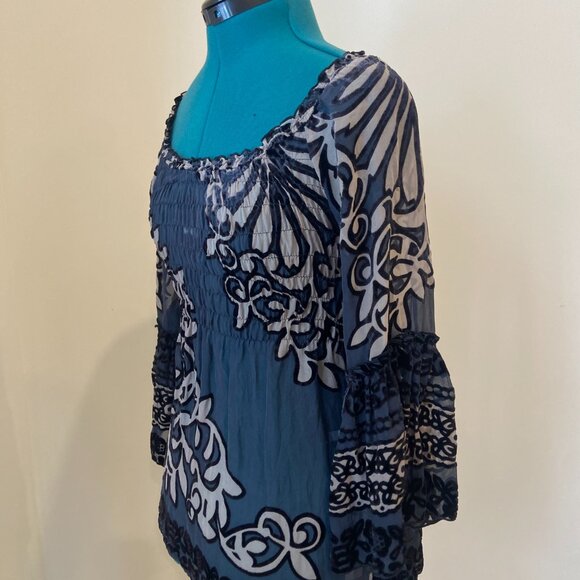 Hale Bob Black & Grey Sheer Flowy Peasant Top with Velvet Detailing - Picture 2 of 4